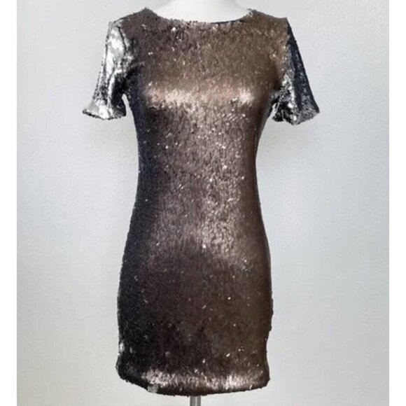 NWT TOPSHOP sequin Mini Party Dress Short sleeve Bronze Silver Metallic Size 2 - Picture 3 of 14